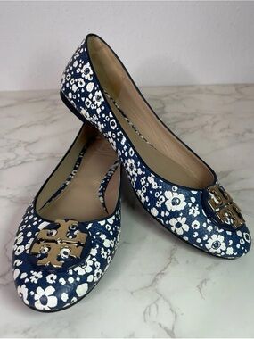 Tory Burch Navy and White Floral Logo Ballet Flats